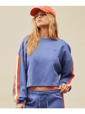 Roxy Bright Lights Crewneck Terry Sweatshirt in Periwinkle Blue w Orange Stripes